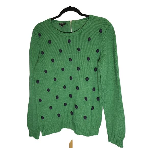 Talbots Sweaters - Talbots Sweater Green w/ Navy Pom Poms Back Zip Women’s Large Crew Neck Size L